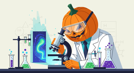 a pumpkin scientist wearing safety goggles examines a sample through a microscope in a science laboratory for halloween education.
