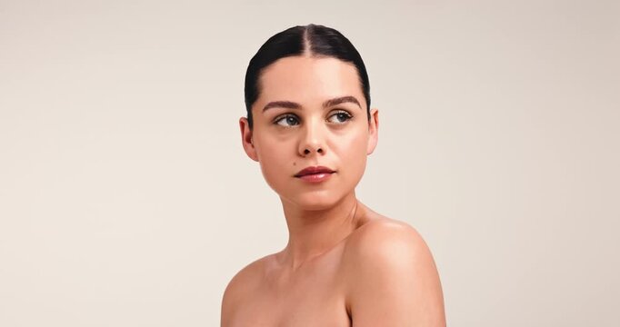 Beauty, natural and thinking with woman in studio for skincare, dermatology and white background. Mockup space, reflection and female person with facial glow, cosmetology and self care cosmetics