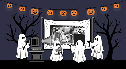 halloween movie night cute ghosts watch a retro bw silent film projected outdoors under glowing jack-o-lanterns.