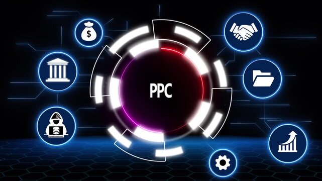 Digital PC concept with icons for finance security and growth on a dark background pay per click advertising