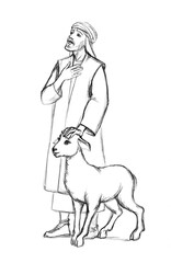 A man leads an sheep for sacrifice. Pencil drawing