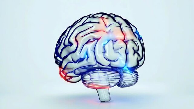 Dynamic neural network visualization showcasing active brain regions with vibrant blue and red energy flow, perfect for medical research and technology concepts.