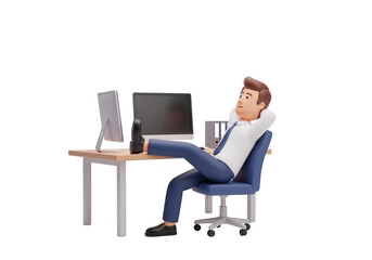 Relaxed 3d businessman leaning back in chair with feet up on desk isolated on transparent background