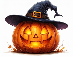Halloween Pumpkin with Witch Hat, Cute Jack-o&rsquo;-Lantern, Isolated on White Background