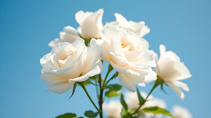 Blooming white roses against a clear blue sky, embodying delicate springtime beauty.
