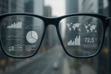 Smart glasses showing digital data charts and analytics interface, augmented reality technology visualization, futuristic innovation in business intelligence, modern eyewear concept for virtual inform