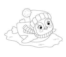 Cute penguin on ice, animal in hat and scarf, winter activity, online baby illustration for coloring book
