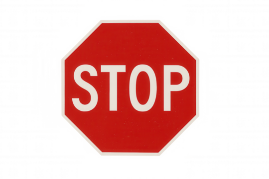 Red octagon stop sign symbol on transparent background indicating traffic regulation and warning