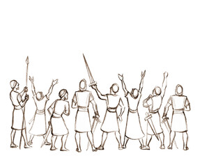 Pencil drawing. The Fall of the Walls of Jericho