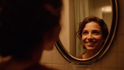 Womans Reflection in Mirror - A Moment of Self-Awareness and Happiness.