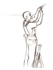 Pencil drawing. Master stretches suspended ceilings