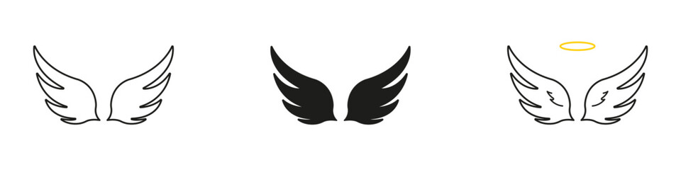 Angel Wings And Halo Line And Solid Icon Set. Spirituality, Protection, And Guardian Symbol Outline And Silhouette Collection. Celestial And Divine Representation. Isolated Vector Illustration
