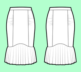 Elegant Mermaid Skirt with Gathered Waist & Pleated Flounce Hem - Technical Flat Sketch