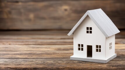 Small white house on wooden table miniature white house sits on flat wooden surface showcasing simple architectural design