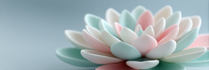 Obraz premium Pastel-colored flower with soft petals in shades of pink and mint rests on a light blue backdrop, enhancing tranquility and elegance in decor settings.