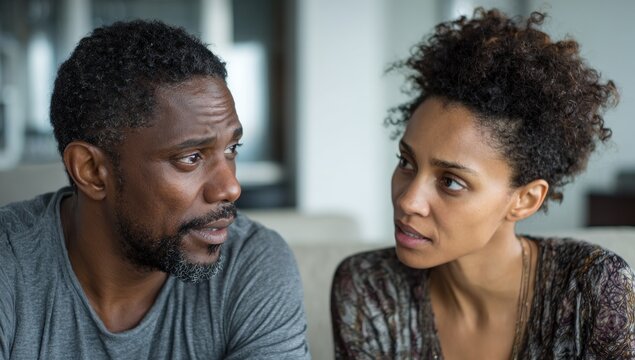 Couple in deep conversation looking at each other with serious expressions. - Powered by Adobe