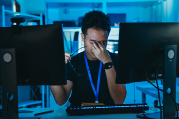Asian male programmer stressed and exhausted at computer desk, suffering from work fatigue, burnout, and overwork in dark office.