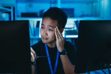 Asian male programmer stressed and exhausted at computer desk, suffering from work fatigue, burnout, and overwork in dark office.