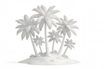 White palm trees on tropical island 3d sculpture representing summer and vacation, transparent background