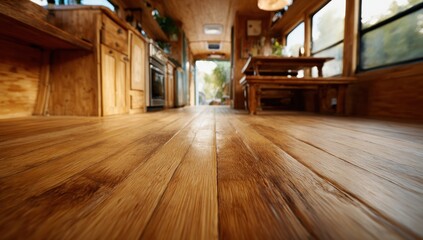 Wooden floor inside a bus with natural light and interior design.