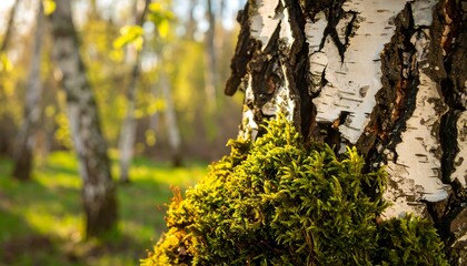 Obraz premium Birch tree trunk with moss. Sunlight filters through trees