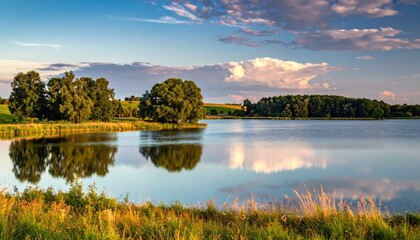 Fototapeta premium Scenic Lake Reflecting Sky with Trees and Golden Meadow Landscape at Sunset Under Cloudy Sky Serene Nature Peaceful View