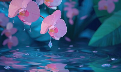 Pink orchids dripping water onto a tranquil pool
