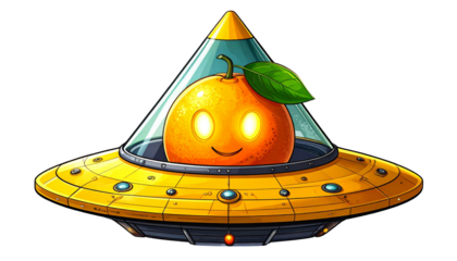 Yellow Cone Spaceship with Green Leaf Solar Panels and Smiling Orange, Isolated on Transparent Background.