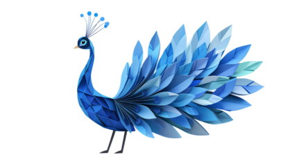 Peacock with blue feathers on transparent background