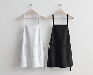 Two aprons, white and black, hanging on wooden hangers against a white wall