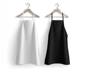 Two blank aprons, one white and one black, hang on wooden hangers against a white background