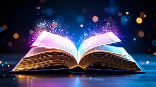 Open book radiating magical light and sparkling particles on dark blue background, spreading knowledge and wisdom, fantasy story telling