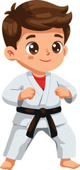 Cute cartoon boy in karate uniform, martial arts black belt, practicing karate stance, sports training, discipline, self defense, fitness illustration