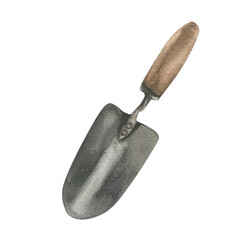 Metal shovel for gardening watercolor illustration. Hand drawn isolated rustic life tool, equipment for planting and digging. Clipart for gardening hobby magazine, packing ,sticker design