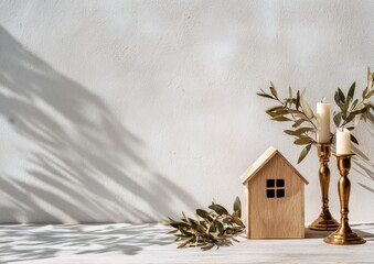 Wooden house model, candles, and olive branches on a light surface, with shadows