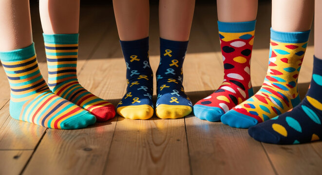 Children's feet in colorful socks. Weird Socks Day. Anti-Bullying Week. Down Syndrome Awareness Concept. - Powered by Adobe