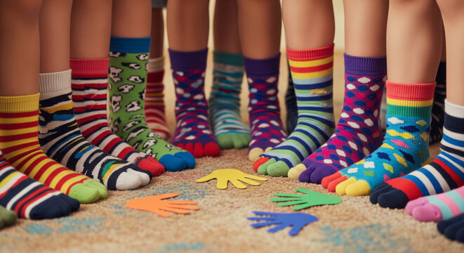 Children's feet in colorful socks. Weird Socks Day. Anti-Bullying Week. Down Syndrome Awareness Concept.