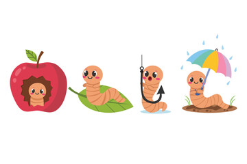 Cute Worm Characters with Umbrella and Apple. Suitable for clip art, stickers, flat design illustration, etc