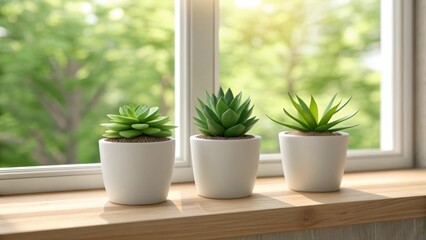 Fototapeta premium Three potted succulent plants on a windowsill with green foliage outside