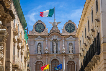 Fototapeta premium Italian flag on Cavarretta palace in Trapani, capital of Trapani Province on Sicily Island in Italy