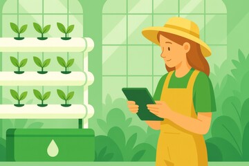 Greenhouse Hydroponics – Farmer Using Tablet to Manage Vertical Crops (Wide)