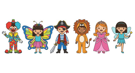 Diverse group of children in colorful costumes including a clown butterfly pirate lion princess and fairy. © il