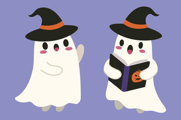 Cute witch ghosts nd cute ghost with halloween spooky book. Suitable for clip art, stickers, flat design illustration, etc