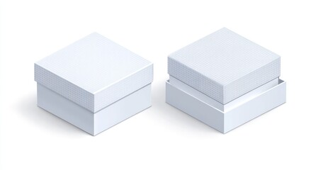 Two blank, square, white gift boxes in an isometric view. One box is closed, the other has an open lid