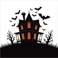 A spooky Halloween house with a bats silhouette against the dark sky and moon on a hill is a perfect vector illustration for the holiday