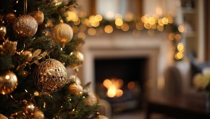 Cozy Christmas Tree with Ornaments and Fireplace Glow.