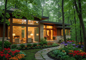 A modern house surrounded by a flower garden, has many glass windows, stone walls, creating an open impression and blending with the surrounding nature.