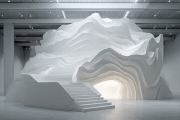 White, sculpted staircase leading to a light-filled tunnel