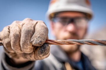 Worker in hard hat and safety glasses holding a thick copper cable, close-up on gloved hand and wire.