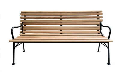 Wooden park bench, light brown planks, black metal frame